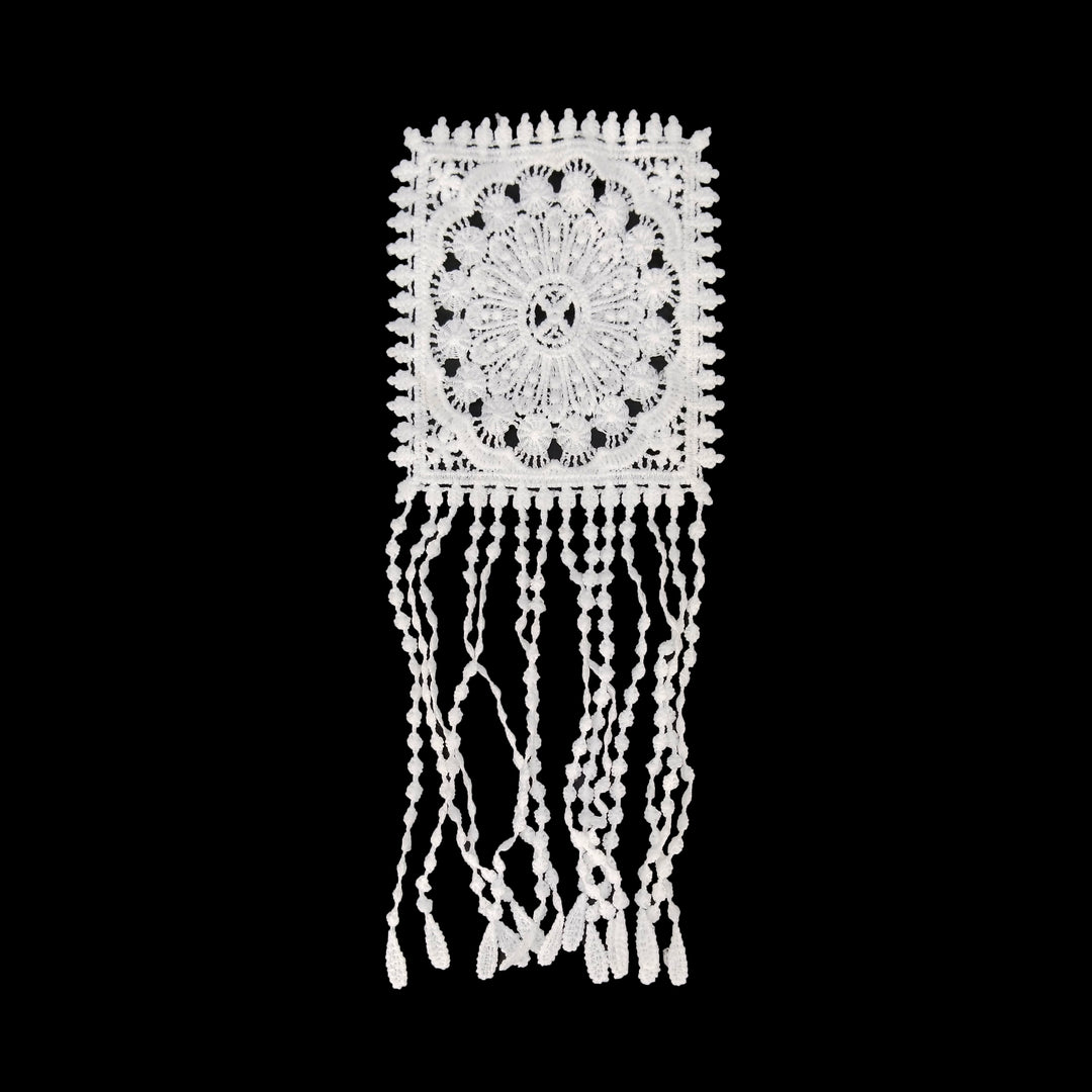 ANI Accessories white medallion fringe guipure lace patch in spun poly with hanging strands, on black background