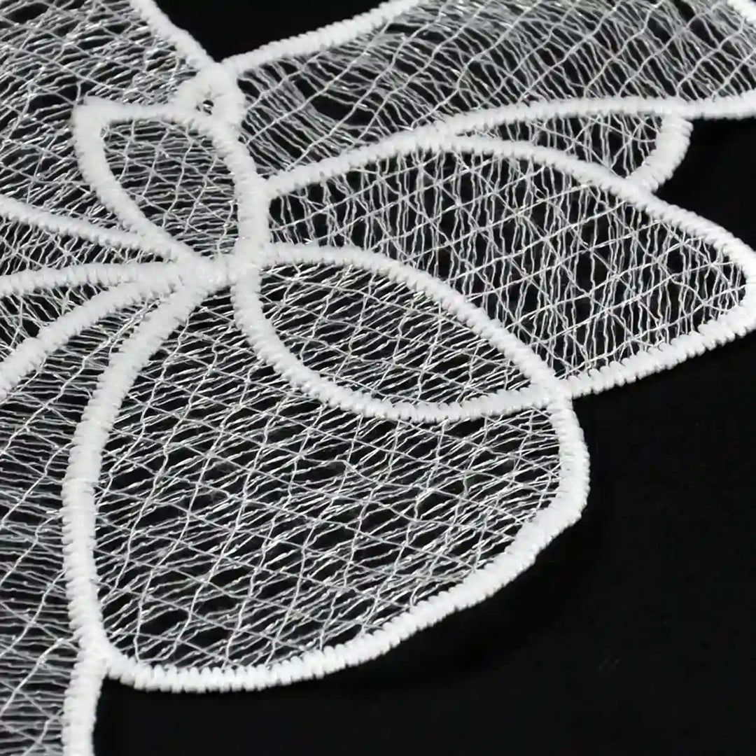 ANI Accessories close-up of white stitch-on patch showing the net fill and corded outline 