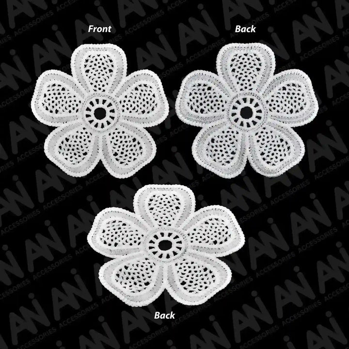 ANI Accessories white net petal flower patch with ring centre, front view on black background 