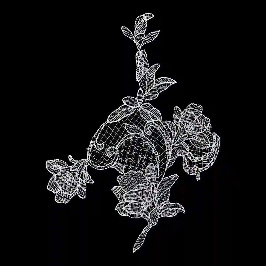 ANI Accessories white paisley flower guipure lace patch in spun poly with three blooms, on black background 