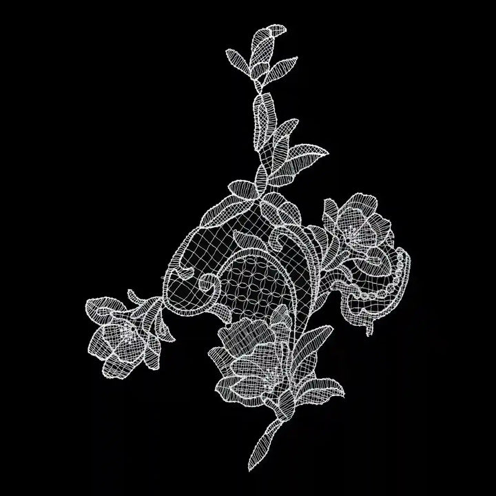 ANI Accessories white paisley flower guipure lace patch in spun poly with three blooms, on black background 