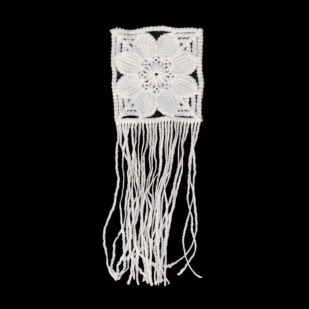 ANI Accessories white petal fringe guipure lace patch in spun poly with one bold flower, on black background 