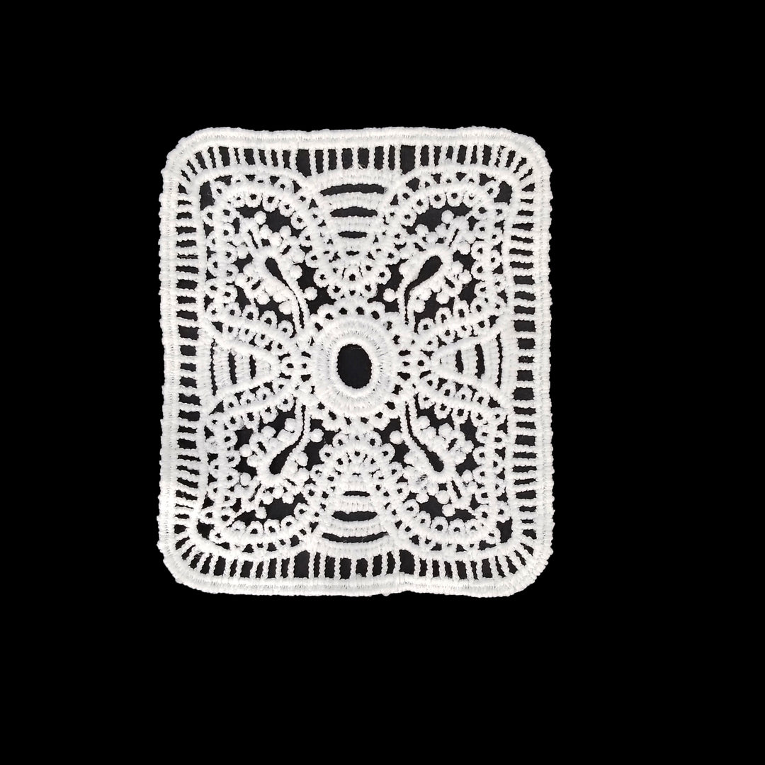 ANI Accessories white rectangle guipure lace patch in spun poly with ladder border, on black background 