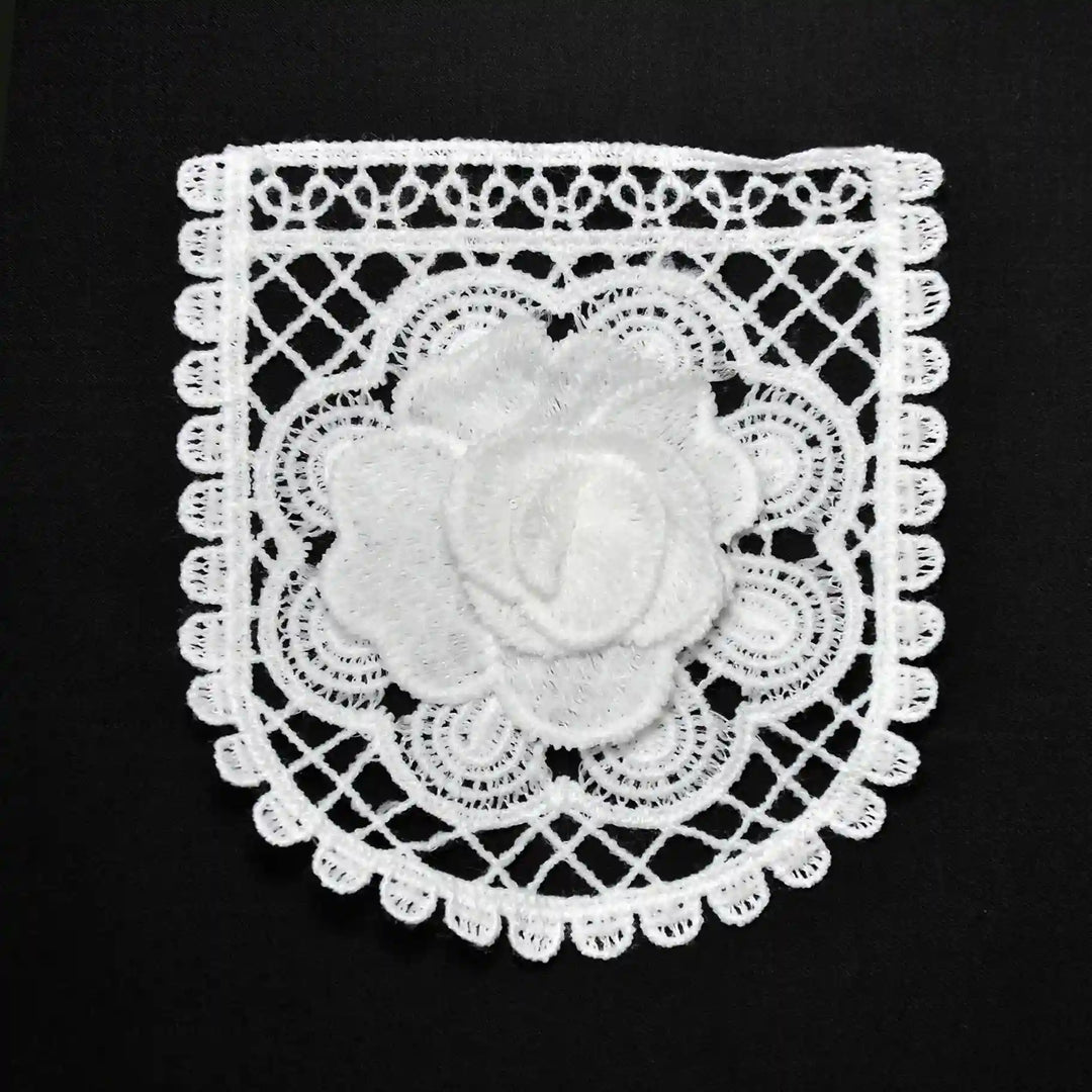 ANI Accessories white rose guipure lace patch in spun poly with raised 3D rose, on black background 