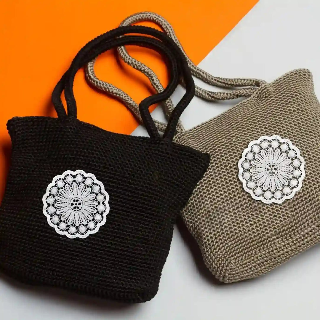 ANI Accessories white round patches for bags on black and beige woven tote bags background 