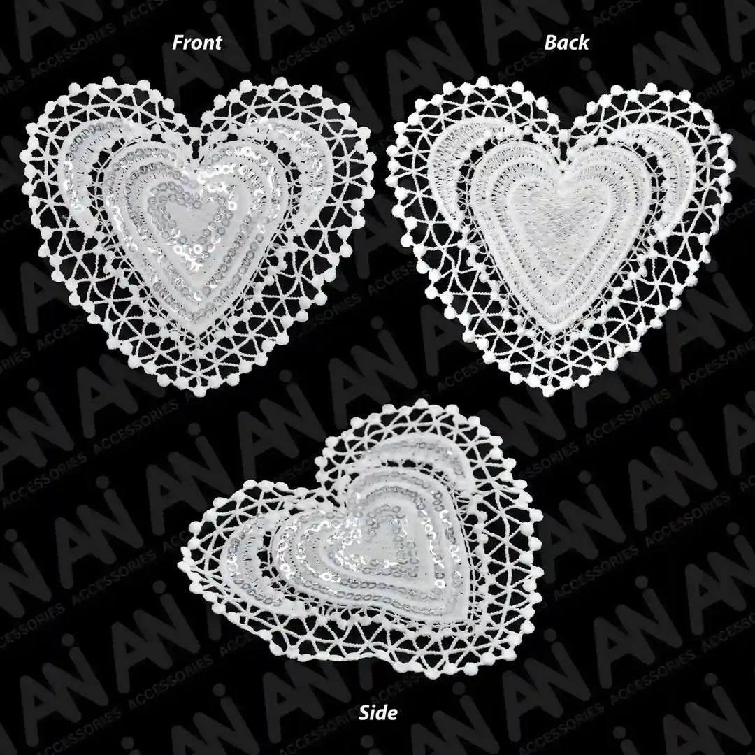 ANI Accessories white sequin heart patch shown from the front, back and side 