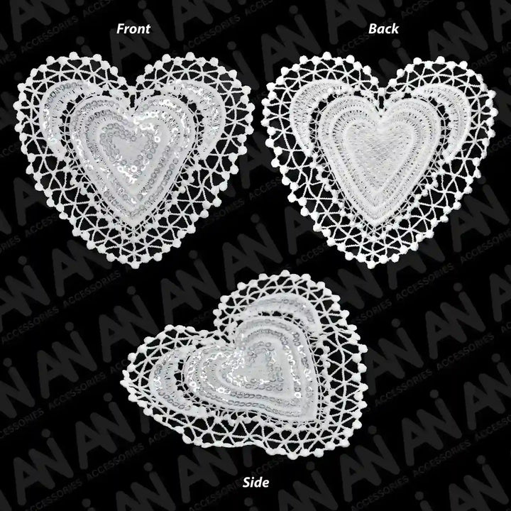 ANI Accessories white sequin heart patch shown from the front, back and side 
