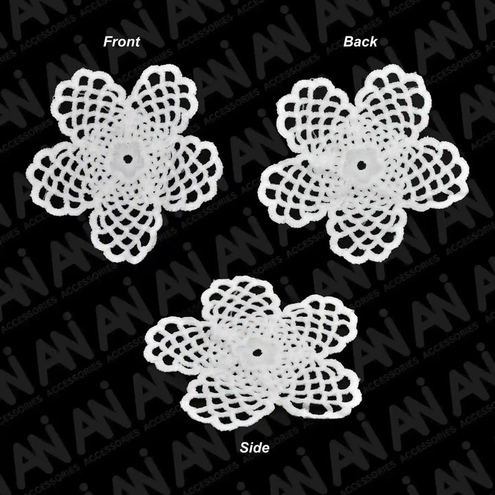 ANI Accessories front, back and side views of white spun poly flower patch 