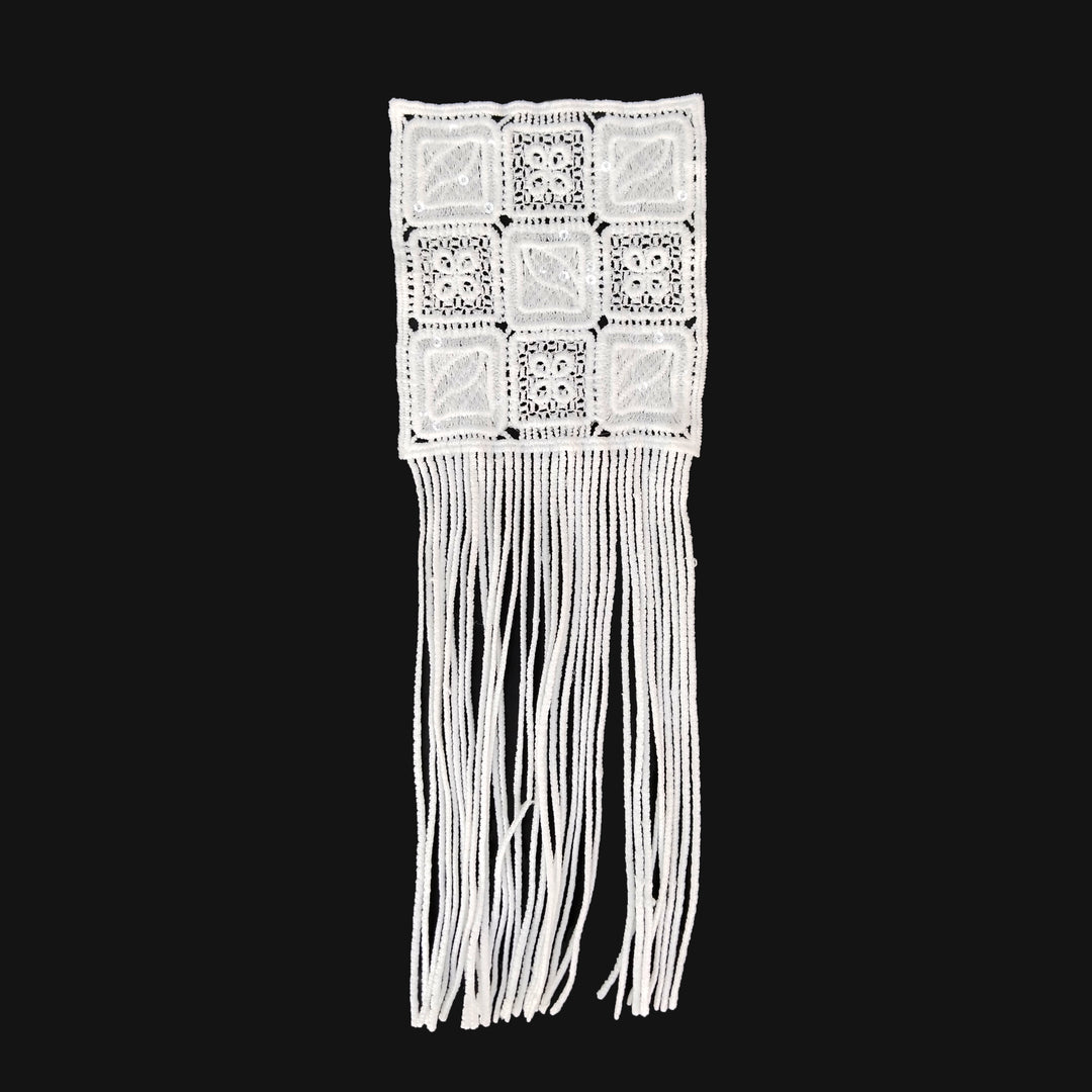 ANI Accessories white square fringe guipure lace patch in spun poly with long hanging fringe, on black Background 