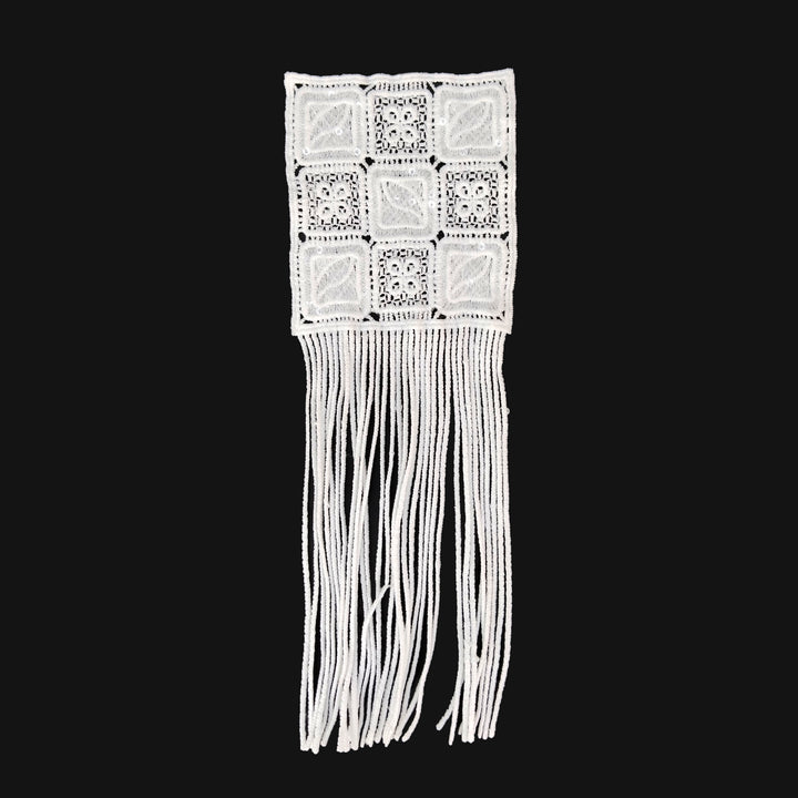 ANI Accessories white square fringe guipure lace patch in spun poly with long hanging fringe, on black Background 