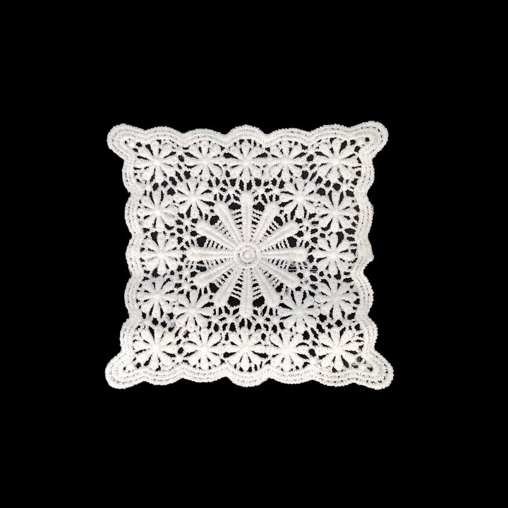 ANI Accessories white square guipure lace patch in spun poly with scalloped edge, on black background 