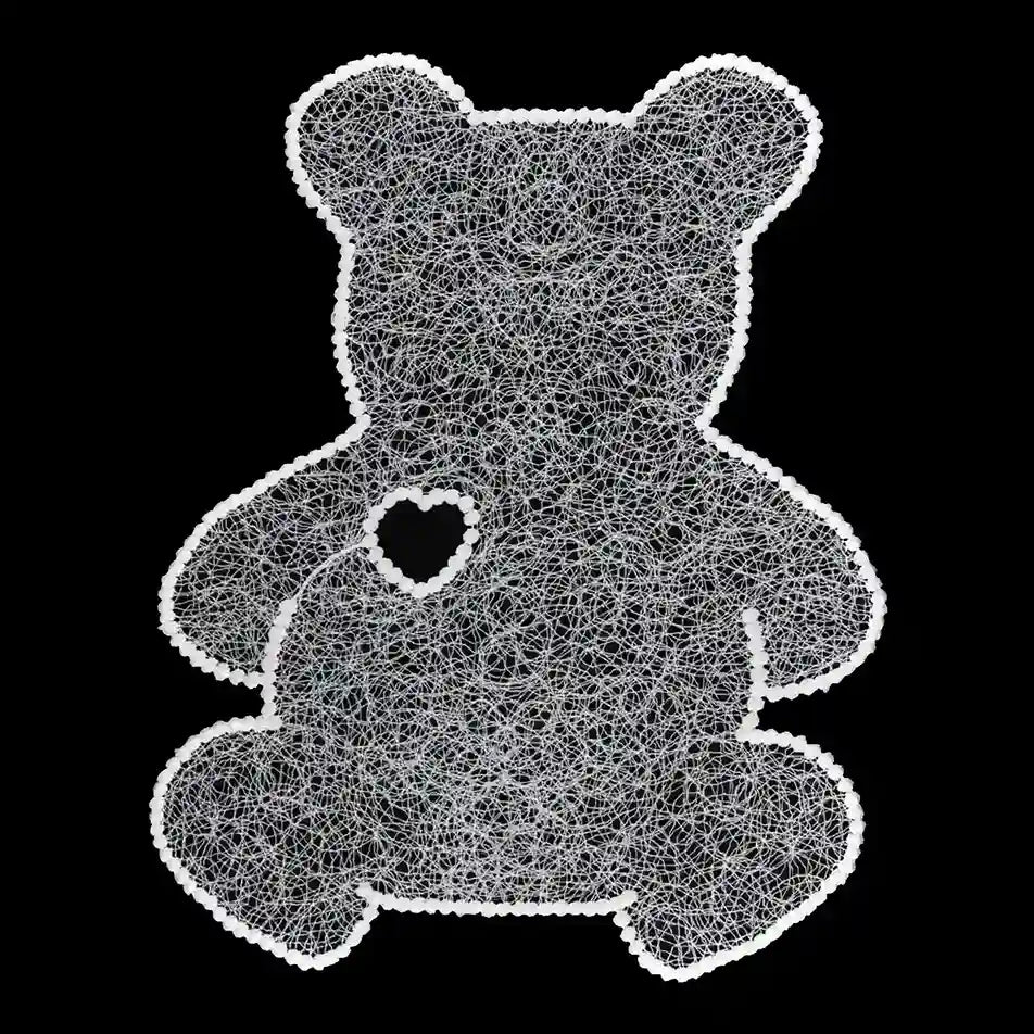 ANI Accessories white teddy bear guipure lace patch in spun poly with a heart cut-out, on black background 