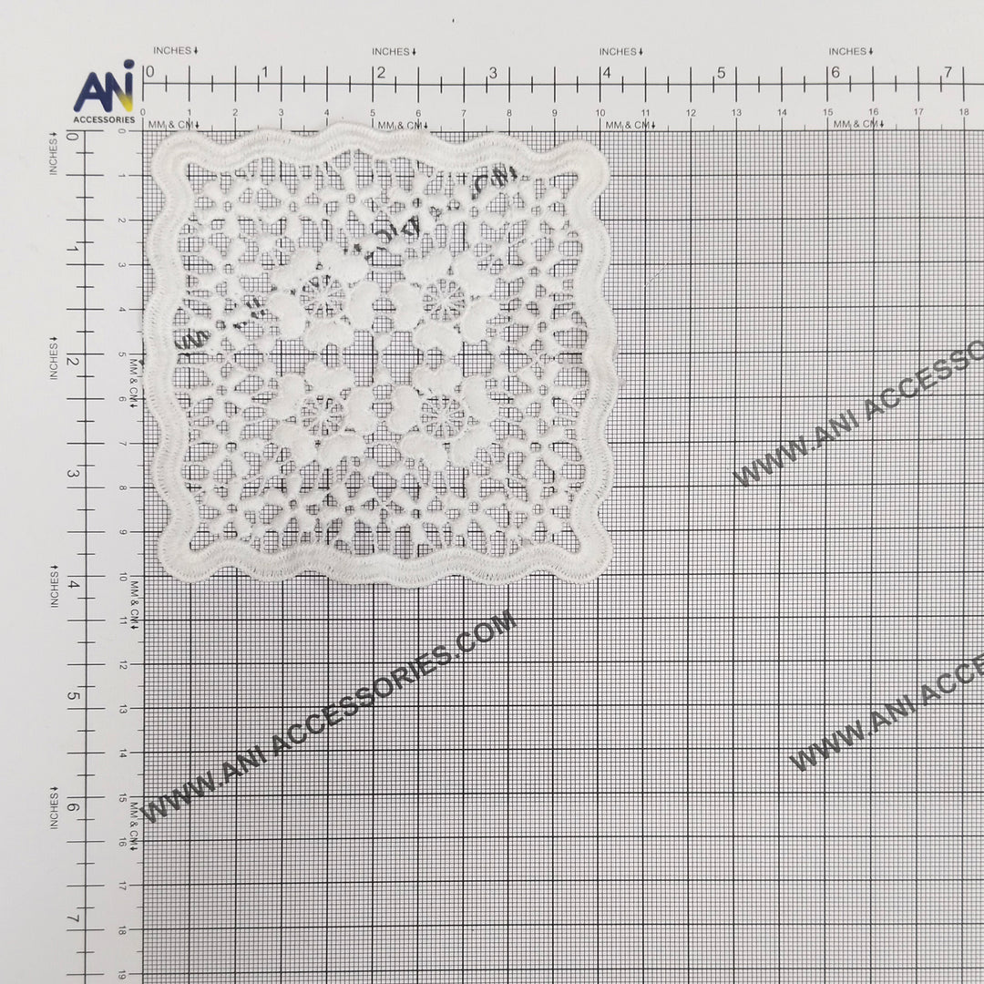White square sew-on patch on a measuring grid, 4 x 4 inches (10 x 10 cm) 