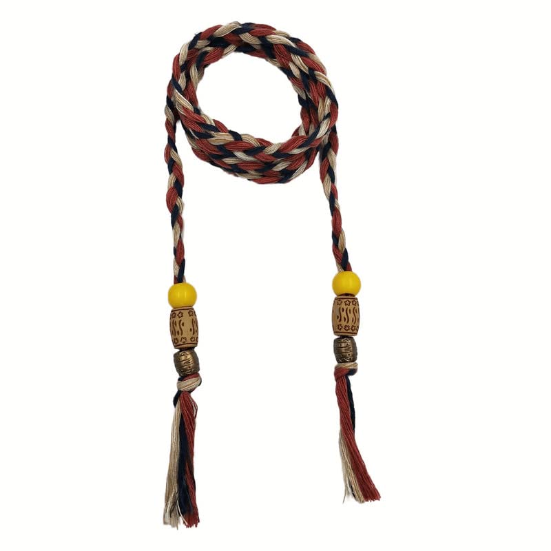 Tricolor Cotton Braided Cord Rope Waist Tassel Belt With Beads