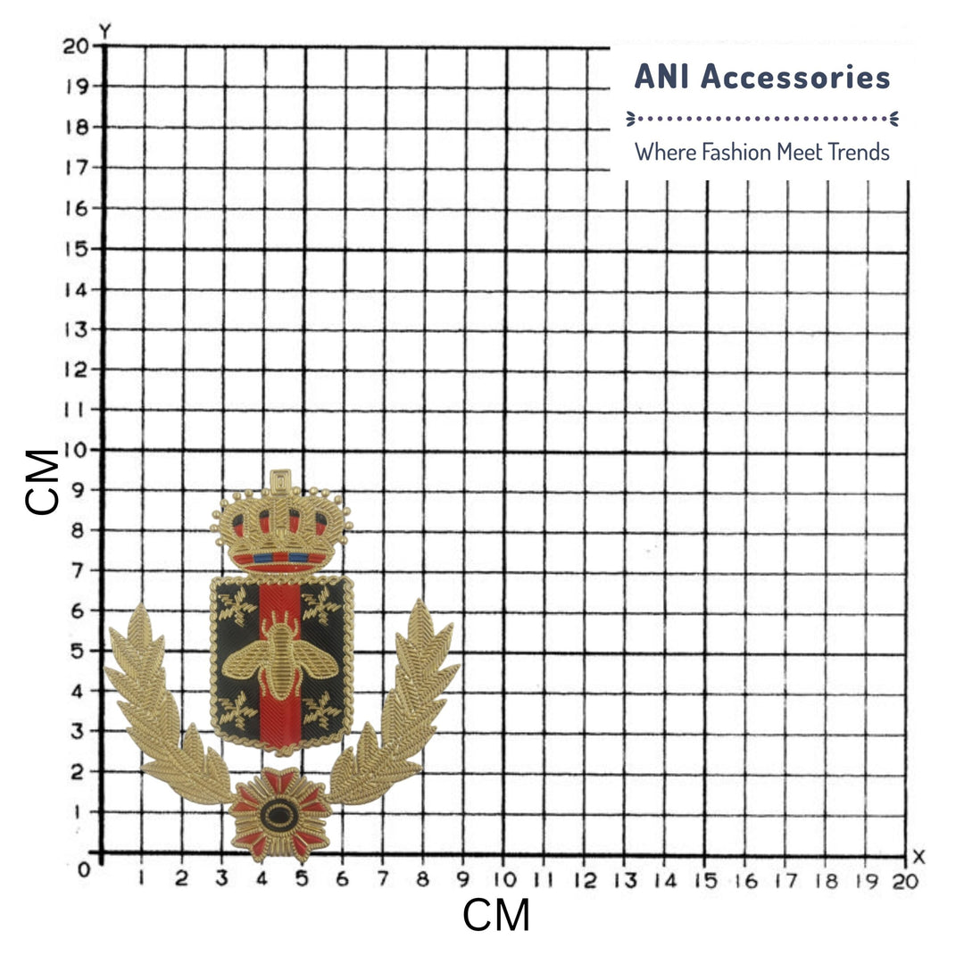 Ani Accessories Crown Bee Zardosi patch displayed on measurement graph, highlighting design, shape, and metallic embellishments