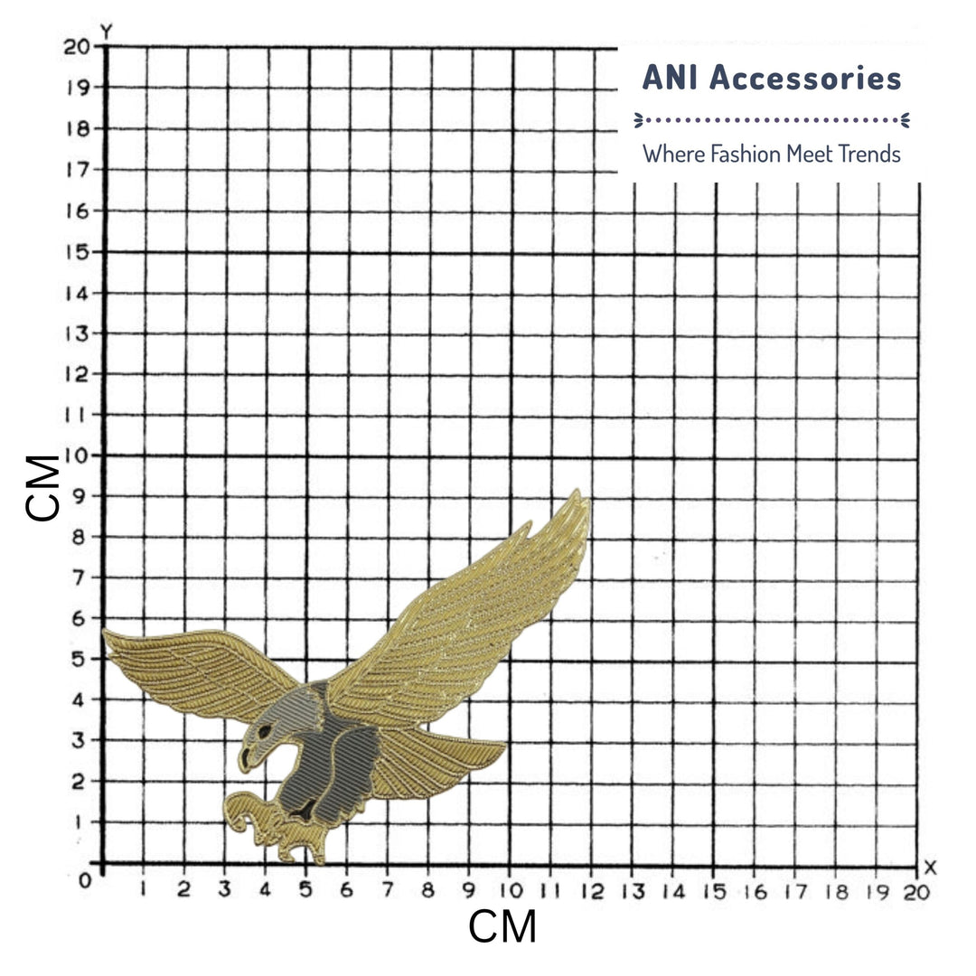 Ani Accessories eagle iron-on patch shown on graph for accurate size and design, heat-adhesive patch for apparel and crafts