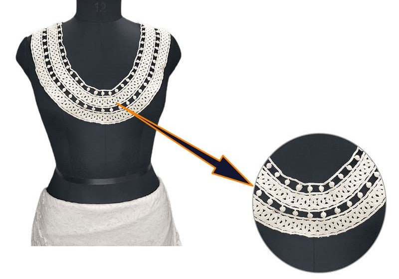 Elegant white crochet embroidered round neckline with intricate threadwork by Ani Accessories
