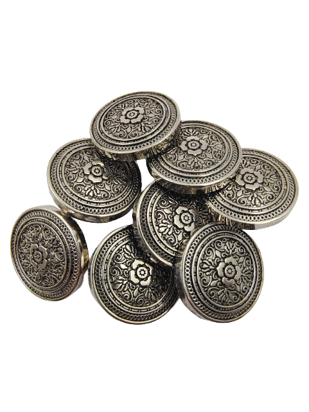Round Graceful Silver Flower In The Middle Metal Shank Button (Pack Of Eight)