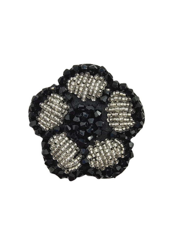 Black & Silver Beaded Sequins Flower Style Sewable Patch